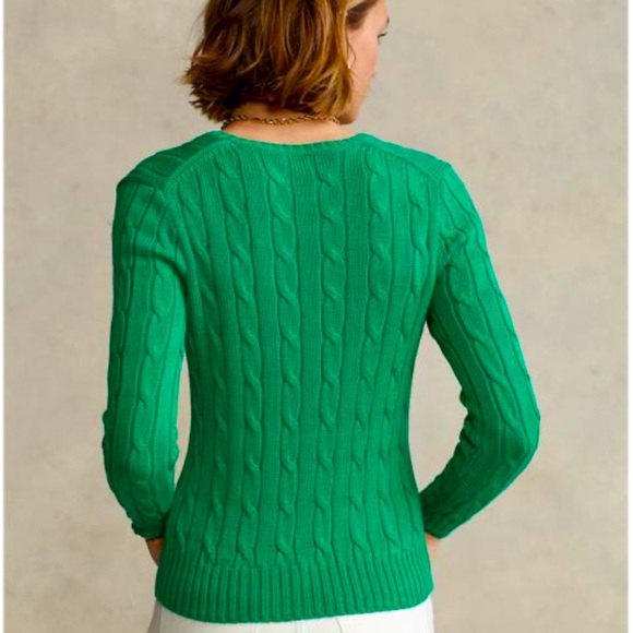 RALPH LAUREN Classic Green Cable Knit V-Neck Sweater Purple Polo Pony Sz XL NEW! - Picture 5 of 12
